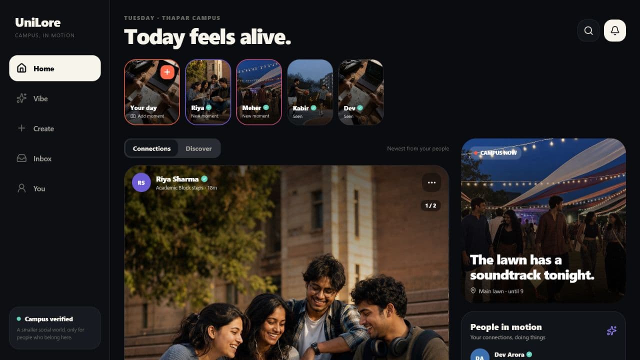 UniLore campus home feed with student moments and campus activity